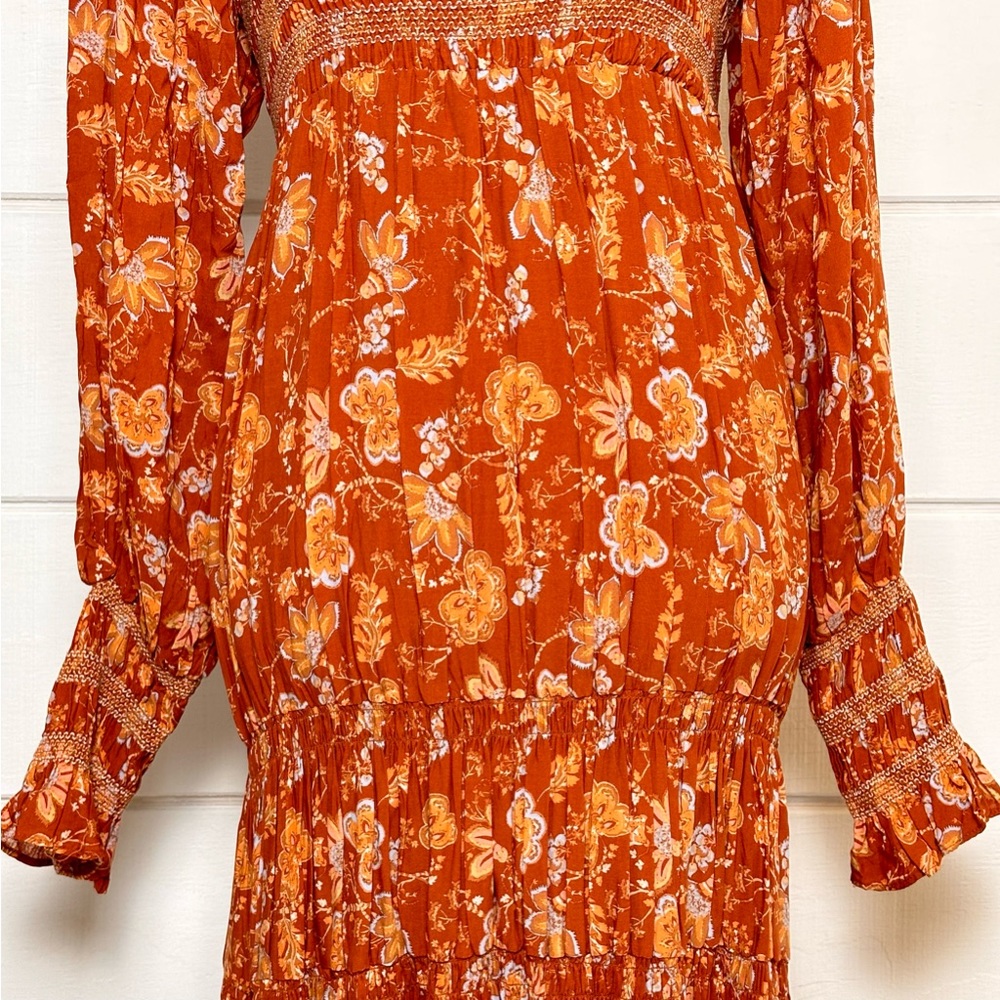 Free People NWT Sweet Escape Long Sleeve Dress Smocked in Mocha Floral Sz Small - Picture 4 of 13